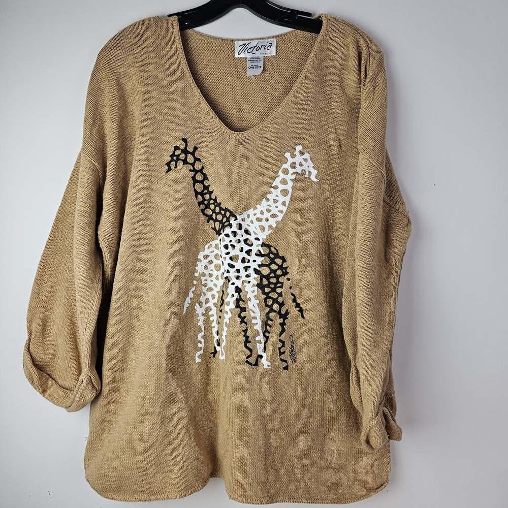 Vintage Victoria One Size Tunic Sweater Jungle Safari Giraffe‎ Knit Brown LS